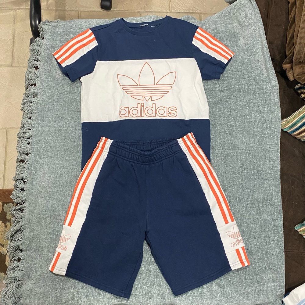 Boys Adidas Blue & Orange Shorts Tshirt Set